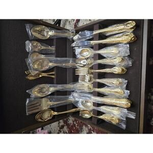 Vintage 100 Piece Box Set Sarah Ann 24k Gold Plated Stainless Steel Flatware